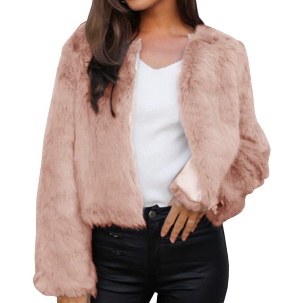 Pink Faux Fur Shaggy Jacket Open Front